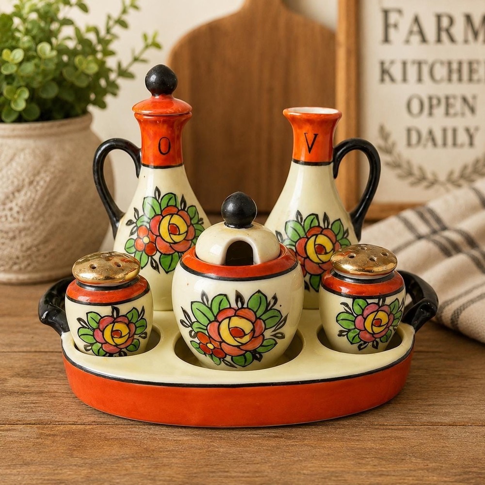 VTG Hand Painted Japanese Condiment Set w/ Caddy Oil Vinegar Salt Pepper mustard